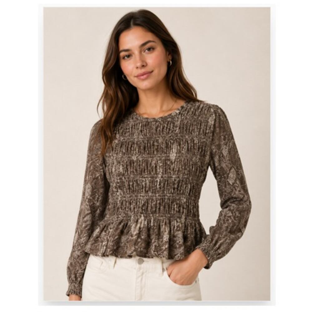 NWT Pilcro Anthropologie Smocked Peplum Top Womens Small Snake Print Long Sleeve